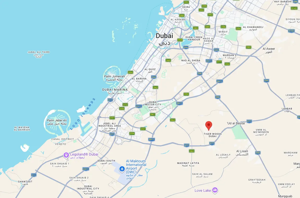 Google map of Dubai with our office in Damac Hills 2
